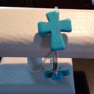 Turquoise & silvertone cross hand wrapped bracelet